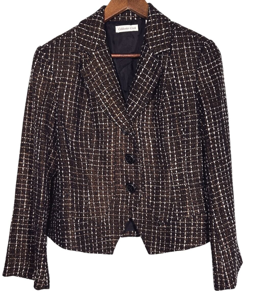 Coldwater Creek Bouclé Tweed Long Sleeve Lined Brown & White Jacket 8 Petite
